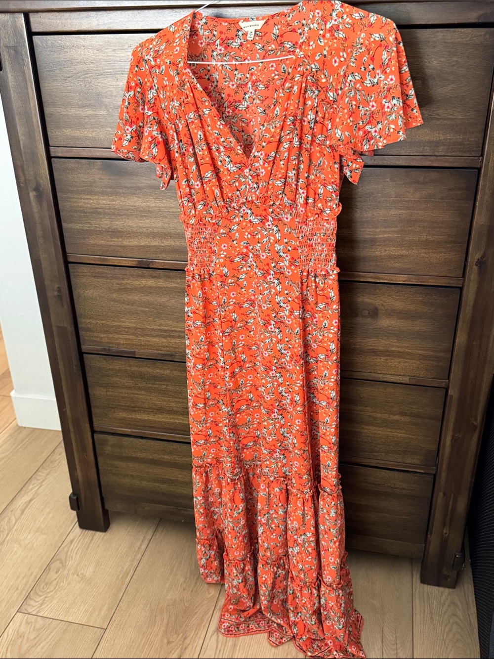 Max Studio Coral Floral Maxi Dress with Smocked Waist